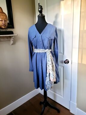 Linen Blue V-Neck Long-Sleeve Shirt Dress